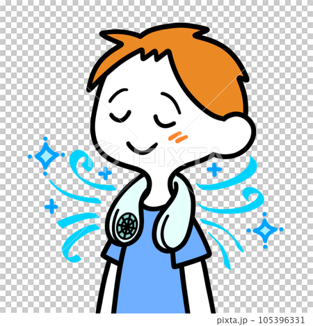 A man cooling off with a neck fan A man cooling off with a neck fan 105396331