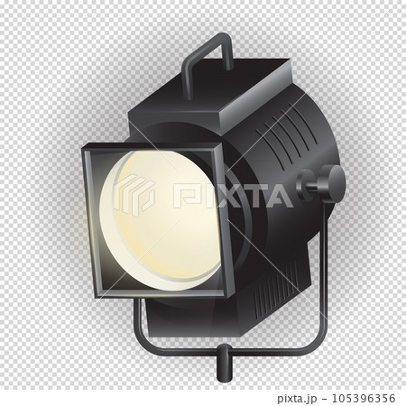 Movie spotlight icon. Spotlight lightning object used to project rays of light with system of lenses 105396356