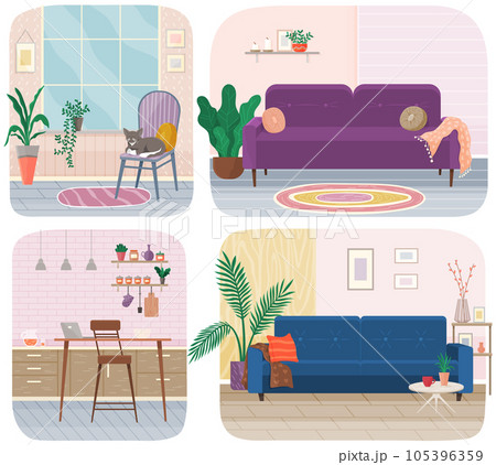 Set of illustrations on theme of interior design decoration and layout of living room and kitchen Set of illustrations on theme of interior design decoration and layout of living room and kitchen 105396359