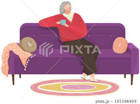 Adult woman sitting on couch at home drinking coffee resting after work, thinking about something Adult woman sitting on couch at home drinking coffee resting after work, thinking about something 105396409