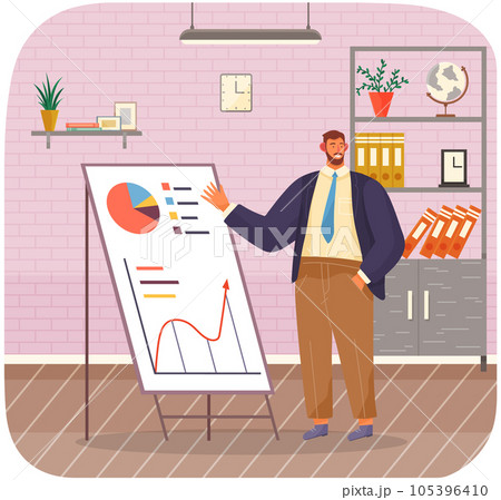 Businessman standing near board with graphs and charts pointing on chatboard with data analysis Businessman standing near board with graphs and charts pointing on chatboard with data analysis 105396410