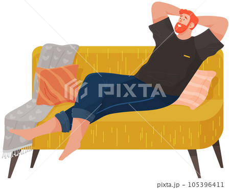 Man lying on sofa in apartment. Happy young guy relaxing, dreaming. Rest on couch, home leisure Man lying on sofa in apartment. Happy young guy relaxing, dreaming. Rest on couch, home leisure 105396411