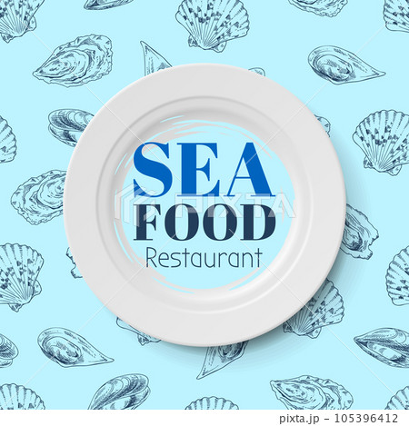 Composition of fish and sea food on blue background. Seafood shop or restaurant, template for logo 105396412