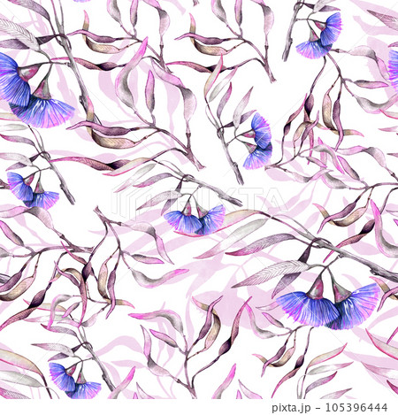 Botany eucaliptus with flowers and pink birds. Seamless pattern watercolor illustraion. 105396444