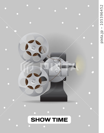 Show time banner with retro movie projector with abstract light rays, cinema picture film projector Show time banner with retro movie projector with abstract light rays, cinema picture film projector 105396452