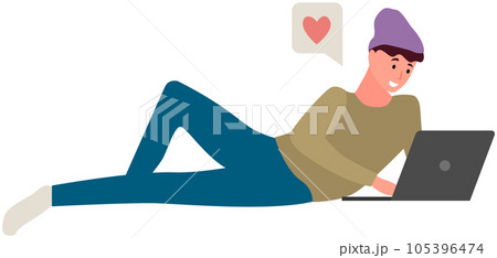 Man is lying and using laptop to chat. Guy spends time at computer for communication, chatting Man is lying and using laptop to chat. Guy spends time at computer for communication, chatting 105396474