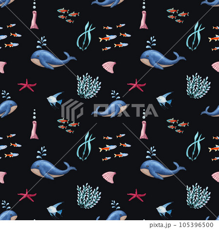 Underwater seamless pattern of blue whale, angelfish, neonfish, seaweed, starfish. Watercolor illustration isolated on black background. Print for background, menus, fabric, textile, wrapping. 105396500