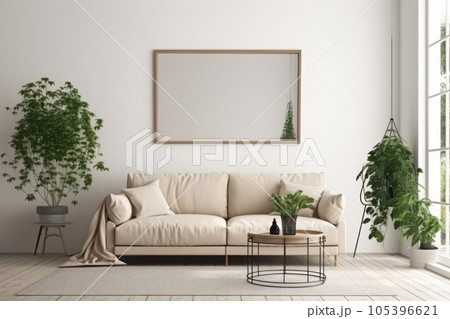 Elegant living room with white couch, green potted plants, and empty frame on the wall for customizable artwork. AI Generative. 105396621