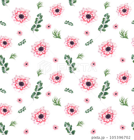 Watercolor seamless pattern of anemones with eucalyptus isolated on white background. Illustration for create textile design, scrapbooking, packaging, poster, cover, prints 105396702