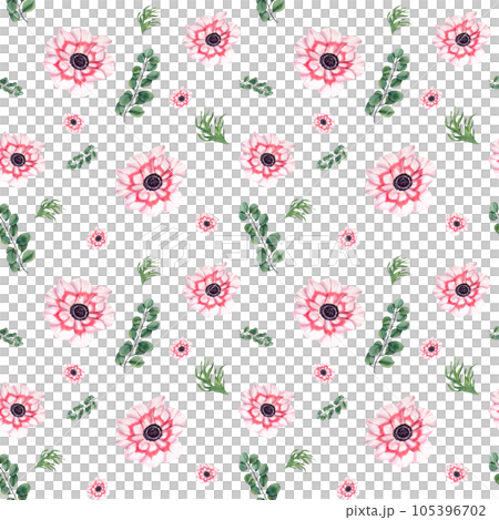 Watercolor seamless pattern of anemones with eucalyptus isolated on white background. Illustration for create textile design, scrapbooking, packaging, poster, cover, prints 105396702