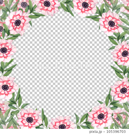 Watercolor wreath with anemones and eucalyptus isolated on white background. Botanical illustration for postcard design, invitation template, Valentine day, birthday cards. Space for text Watercolor wreath with anemones and eucalyptus isolated on white background. Botanical illustration for postcard design, invitation template, Valentine day, birthday cards. Space for text 105396703