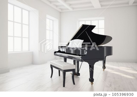 Illustration of grand piano in white room with copy space Created with Generative AI technology. 105396930