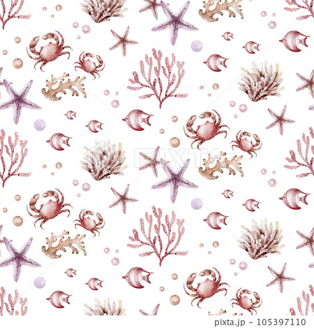 Marine seamless pattern marine animals, corals, plants, seashell, starfish, octopus, seahorse, algae, turtle. Watercolor marine background. 105397110