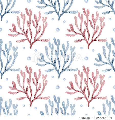 Marine seamless pattern marine animals, corals, plants, seashell, starfish, octopus, seahorse, algae, turtle. Watercolor marine background. 105397114
