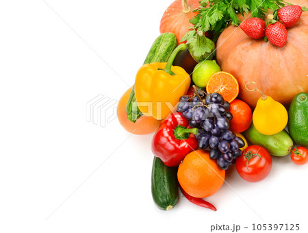 Fruits and vegetables isolated on white . Free space for text. 105397125
