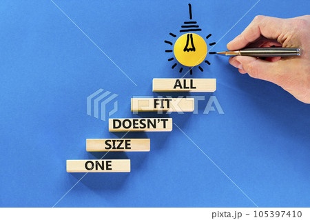 One size does not fit all symbol. Concept words One size does not fit all on wooden blocks. Businessman hand. Beautiful blue background. One size does not fit all business concept. Copy space. One size does not fit all symbol. Concept words One size does not fit all on wooden blocks. Businessman hand. Beautiful blue background. One size does not fit all business concept. Copy space. 105397410