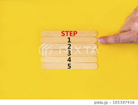Time to step 1 symbol. Concept word Step 1 2 3 4 5 on wooden sticks. Businessman hand. Beautiful yellow table yellow background. Business planning and time to step 1 concept. Copy space. Time to step 1 symbol. Concept word Step 1 2 3 4 5 on wooden sticks. Businessman hand. Beautiful yellow table yellow background. Business planning and time to step 1 concept. Copy space. 105397416