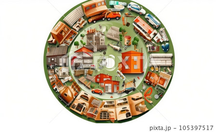 Illustration of human life, symbolizing the circular nature of economic development. Habitation, energy, industry, agriculture, science, transportation, recycling. Mockup, isolated on white. Illustration of human life, symbolizing the circular nature of economic development. Habitation, energy, industry, agriculture, science, transportation, recycling. Mockup, isolated on white. 105397517