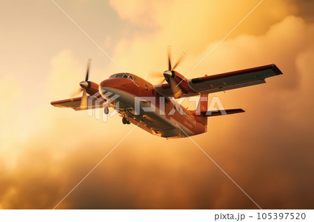 Rescue firefighting aircraft extinguishes a forest fire by dumping water on a burning pine forest. Orange glow of a forest fire in the background. Saving forests, fighting forest fires. 3D rendering. 105397520