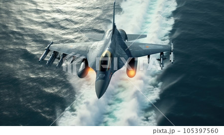 F-16 air force fighter flying over the sea at super low altitude. Jet military aircraft launching missiles, makes a training flight. Closeup top view. 3D rendering. 105397560