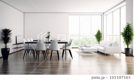 Interior of modern minimalist white living room with dining area. Comfortable sofa, coffee table, wooden dining table with chairs, house plants in pots, wooden floor. Mockup, 3D rendering. Interior of modern minimalist white living room with dining area. Comfortable sofa, coffee table, wooden dining table with chairs, house plants in pots, wooden floor. Mockup, 3D rendering. 105397565