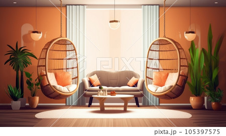 Cozy modern living room interior. Boho style hanging wicker egg chairs with cushions, stylish sofa with coffee table, green plants in pots add a bohemian chic to the bright room. Mockup, 3D rendering. 105397575