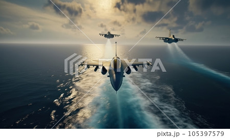 Three F-16 air force fighters flying over the ocean, beautiful cloudy blue sky over horizon. Jet military aircrafts patrol territory, make a training flight. Close up aerial view. 3D rendering. Three F-16 air force fighters flying over the ocean, beautiful cloudy blue sky over horizon. Jet military aircrafts patrol territory, make a training flight. Close up aerial view. 3D rendering. 105397579