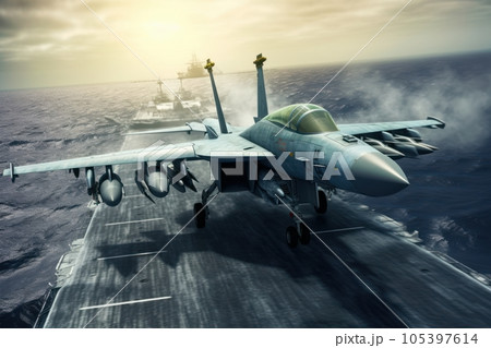Front view of a military jet fighter taking off from the deck of an aircraft carrier. Cloudy sky over the sea horizon. The interaction of the navy and aviation, military maneuvers. 3D rendering. 105397614