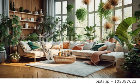Cozy elegant boho style living room interior in natural colors. Comfortable couch with cushions and plaid, many houseplants, wooden coffee table, soft carpet, home decor. 3D rendering. 105397622