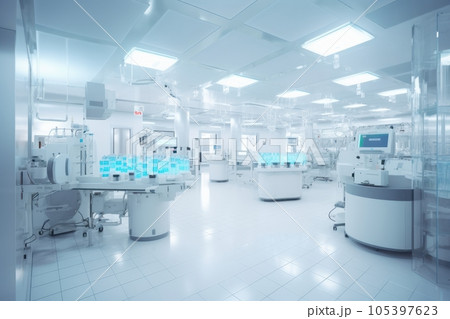 Contemporary drug production workshop interior. Spacy bright sterile room, facility with modern industrial machinery. Manufacturing process: pharmaceutics, semiconductors, biotechnology. 3D rendering. Contemporary drug production workshop interior. Spacy bright sterile room, facility with modern industrial machinery. Manufacturing process: pharmaceutics, semiconductors, biotechnology. 3D rendering. 105397623