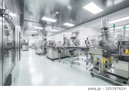 Contemporary drug production workshop interior. Spacy bright sterile room, facility with modern industrial machinery. Manufacturing process: pharmaceutics, semiconductors, biotechnology. 3D rendering. 105397624