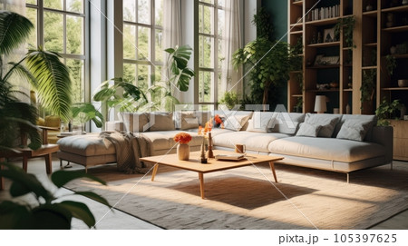 Cozy elegant boho style living room interior in natural colors. Comfortable couch with cushions and plaid, many houseplants, wooden coffee table, bookcase, soft carpet, home decor. 3D rendering. Cozy elegant boho style living room interior in natural colors. Comfortable couch with cushions and plaid, many houseplants, wooden coffee table, bookcase, soft carpet, home decor. 3D rendering. 105397625