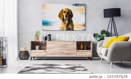 Modern stylish living room scandi style. Comfortable gray sofa with cushions, commode, big poster with dog image on the wall, houseplants, home decor. Mockup, 3D rendering. 105397626