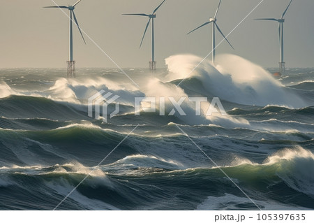 Offshore wind farm in the middle of a stormy north sea. Beautiful gloomy seascape with the wind generators. Sustainable green energy concept. 3D rendering. 105397635