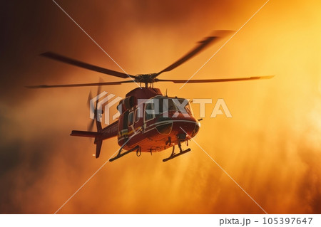 Rescue helicopter extinguishes a forest fire by dropping a large amount of water on a burning coniferous forest. Saving forests, fighting forest fires. Aerial view. 3D rendering. 105397647