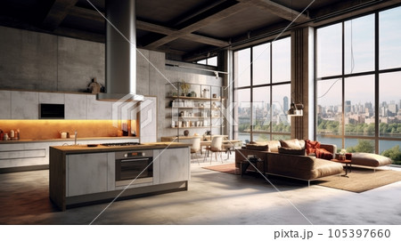 Luxury studio apartment with a free layout in a loft style in dark colors. Stylish modern kitchen, cozy living area with sofa and coffee table, panoramic window with stunning city view. 3D rendering. 105397660