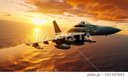 F-16 air force fighter flying over the ocean, beautiful sunset over horizon on the background. Jet military aircraft patrols territory, makes a training flight. Close up aerial view. 3D rendering. F-16 air force fighter flying over the ocean, beautiful sunset over horizon on the background. Jet military aircraft patrols territory, makes a training flight. Close up aerial view. 3D rendering. 105397661