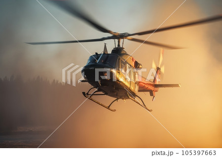 Rescue helicopter extinguishes a forest fire by dropping a large amount of water on a burning coniferous forest. Saving forests, fighting forest fires. Low angle view. 3D rendering. Rescue helicopter extinguishes a forest fire by dropping a large amount of water on a burning coniferous forest. Saving forests, fighting forest fires. Low angle view. 3D rendering. 105397663