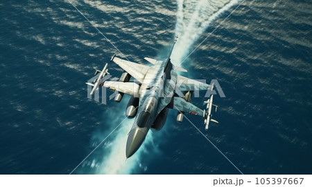 F-16 air force fighter flying over the sea at super low altitude. Jet military aircraft launching missiles, makes a training flight. Closeup top view. 3D rendering. 105397667