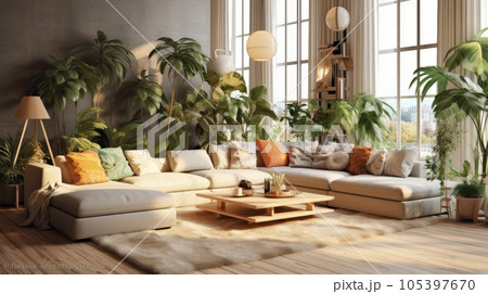 Cozy elegant boho style living room interior in natural colors. Comfortable couch with cushions, many houseplants, wooden coffee table, wicker pendant lights, soft carpet, home decor. 3D rendering. Cozy elegant boho style living room interior in natural colors. Comfortable couch with cushions, many houseplants, wooden coffee table, wicker pendant lights, soft carpet, home decor. 3D rendering. 105397670