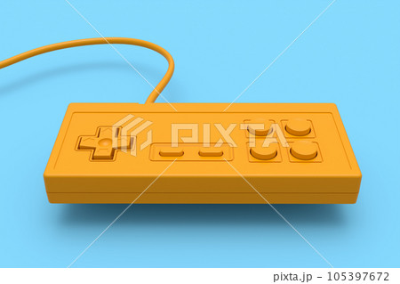 Retro computer gaming controller joystick on monochrome blue background. 105397672