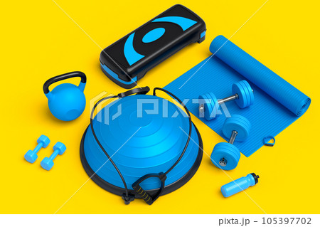 Isometric view of sport equipment like kettlebell, fitness ball and yoga mat 105397702