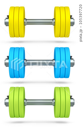 Set of dumbbells with rubber disks isolated on white background Set of dumbbells with rubber disks isolated on white background 105397720