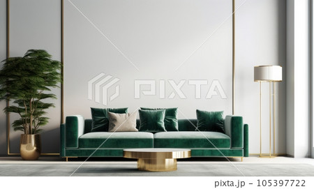 Front view of a modern luxury living room in green colors. White empty walls, comfortable sofa with cushions, coffee table, green plant in flower pot, stylish floor light. Mockup, 3D rendering. 105397722