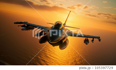 F-16 air force fighter flying over the ocean, beautiful sunset over horizon on the background. Jet military aircraft patrols territory, makes a training flight. Close up aerial view. 3D rendering. F-16 air force fighter flying over the ocean, beautiful sunset over horizon on the background. Jet military aircraft patrols territory, makes a training flight. Close up aerial view. 3D rendering. 105397729