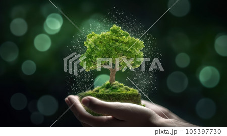 Symbolic green tree in human hands on blurred background. Respect for nature, sustainable energy, care for the environment, ecological development. Earth Day concept. 3D rendering. Symbolic green tree in human hands on blurred background. Respect for nature, sustainable energy, care for the environment, ecological development. Earth Day concept. 3D rendering. 105397730