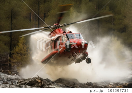 Rescue helicopter extinguishes a forest fire by dropping a large amount of water on a burning coniferous forest. Saving forests, fighting forest fires. Closeup front view. 3D rendering. 105397735