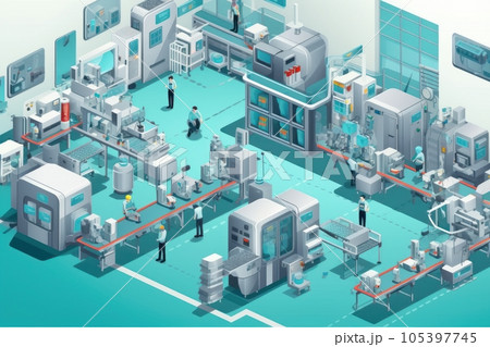 3D mockup illustration of contemporary high-tech production workshop. Facility with modern industrial machinery and conveyors. Manufacturing process: pharmaceutics, semiconductors, biotechnology. 105397745