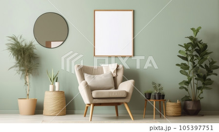 Front view of a modern luxury living room in green colors. Green wall with poster template and mirror, comfortable armchair with cushion, coffee table, several green plants in flower pots. Mockup. Front view of a modern luxury living room in green colors. Green wall with poster template and mirror, comfortable armchair with cushion, coffee table, several green plants in flower pots. Mockup. 105397751