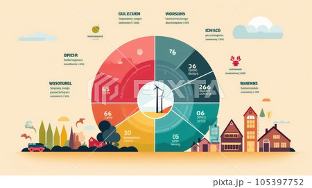Schematic diagram illustrating energy consumption and carbon dioxide emissions in various areas of human activity. Renewable energy and recycling. Mockup, infographics, beige background. Schematic diagram illustrating energy consumption and carbon dioxide emissions in various areas of human activity. Renewable energy and recycling. Mockup, infographics, beige background. 105397752